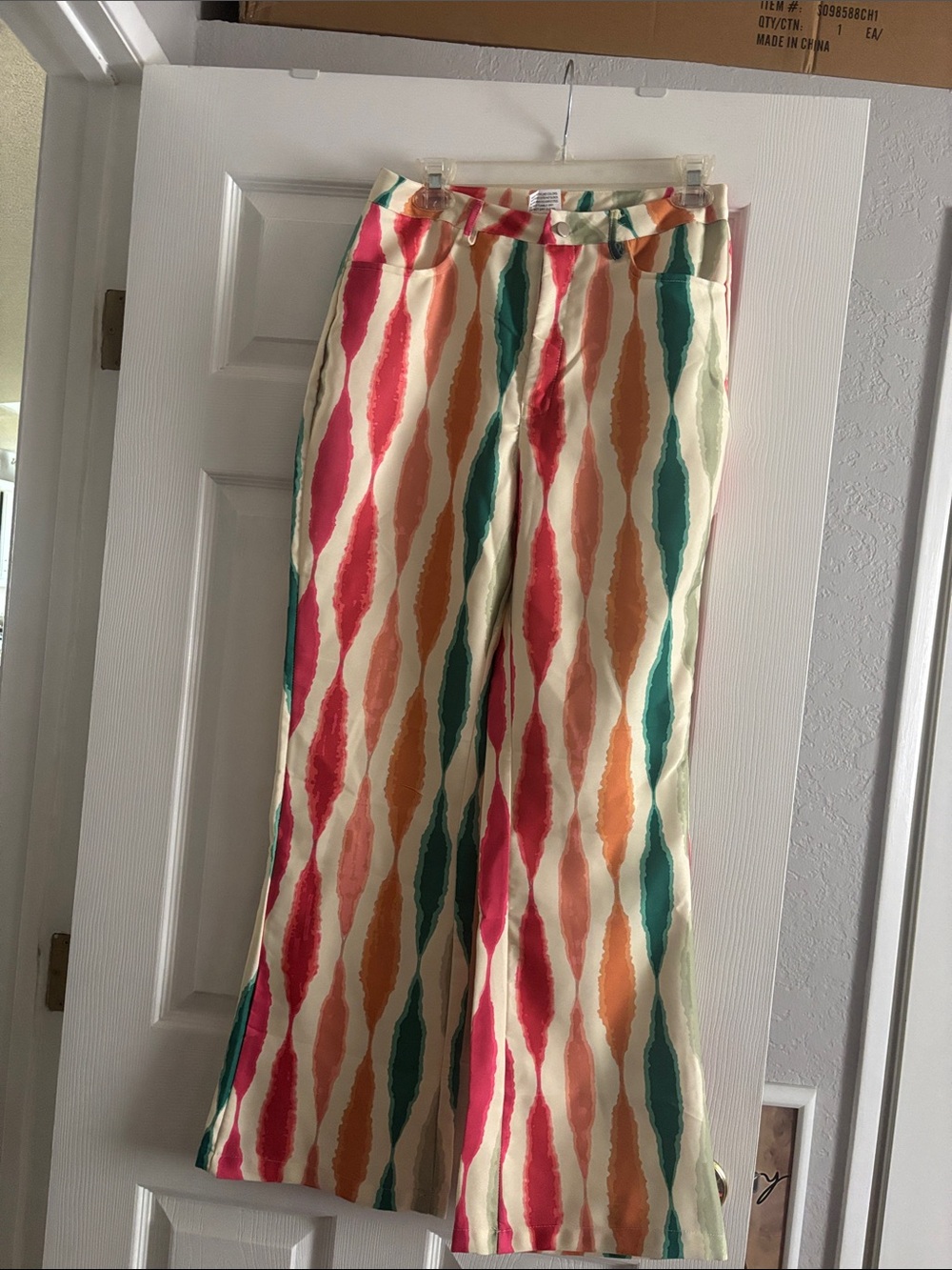 Source Unknown Wide Leg Pants in Cream with Pink, Orange & Green Wave Print